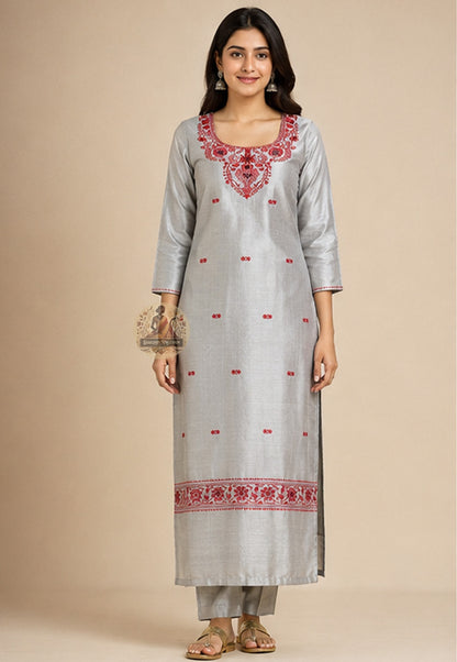 Handloom Baluchari silk unstitched kurti piece in Grey with Resham woven neckline motifs – Dakshin Vastram