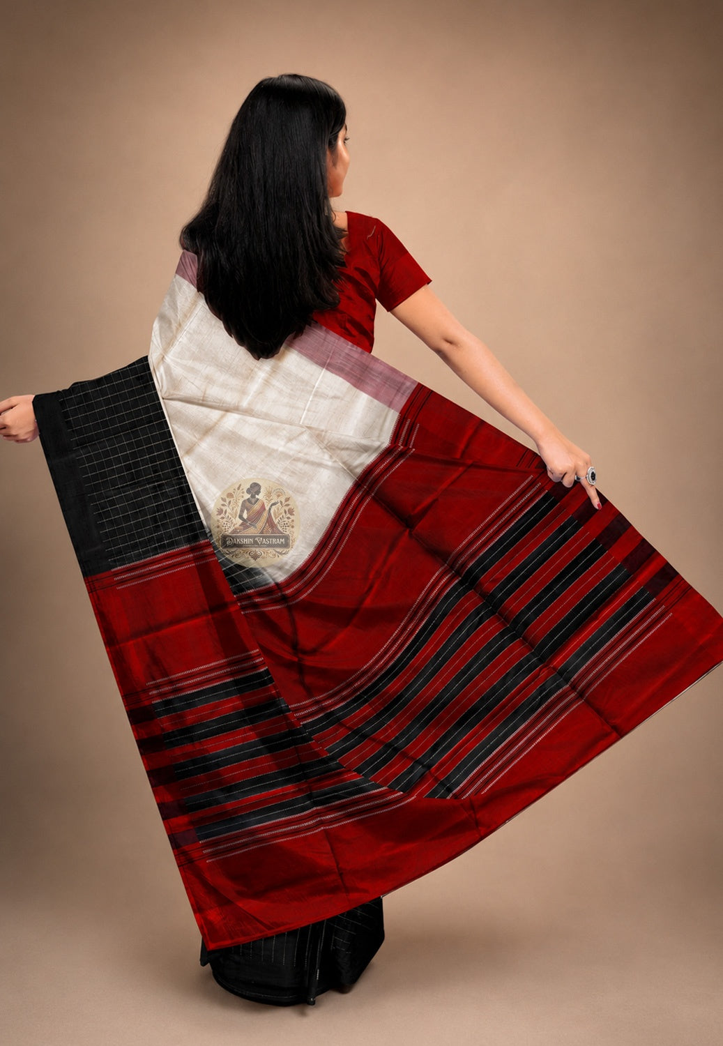 Rear view of handwoven Bishnupur Katan Silk Saree showcasing the richly woven pallu with traditional Bengal terracotta-inspired motifs