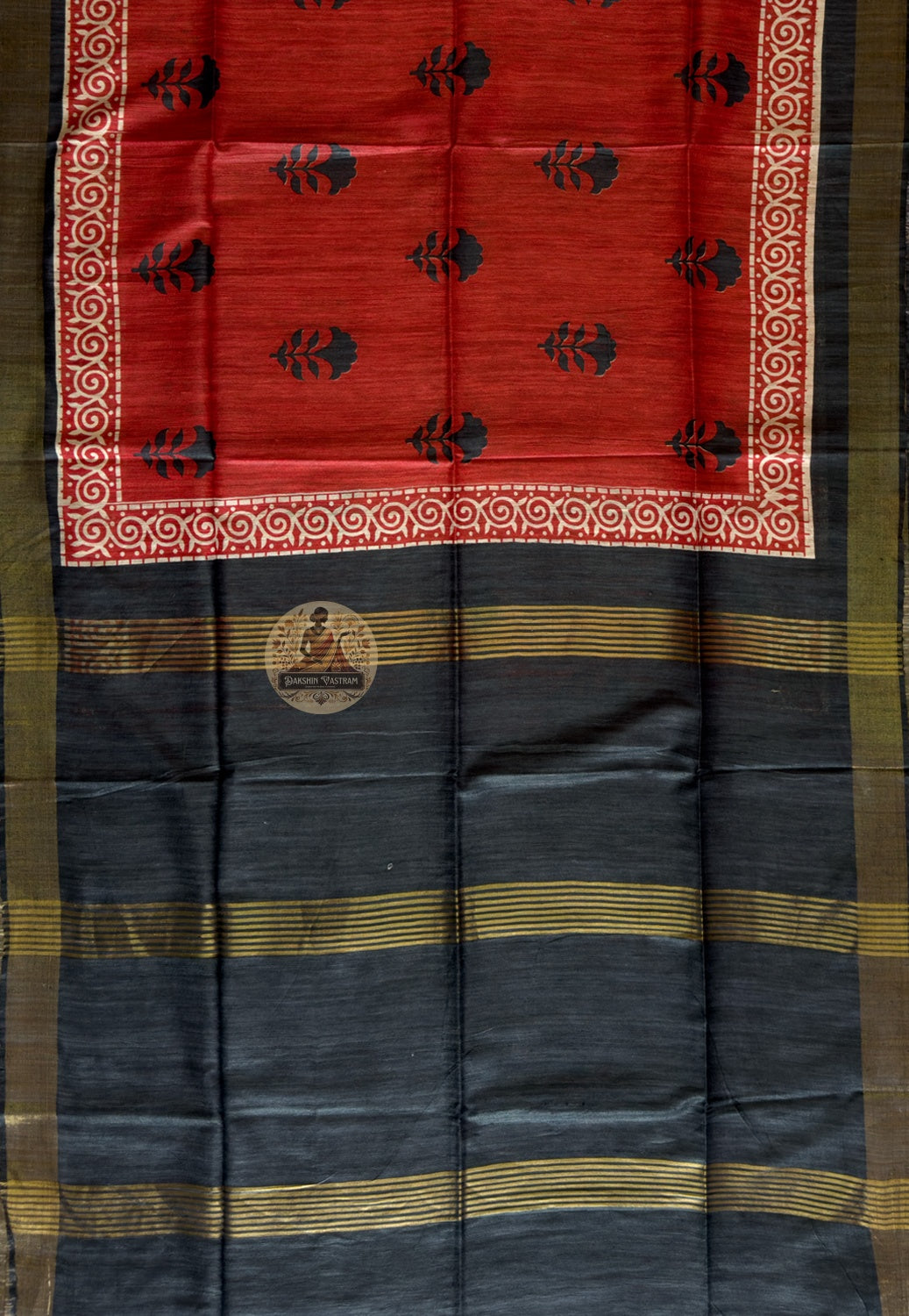 Full view of Ghicha Tussar Silk Saree laid flat showcasing complete handwoven fabric in natural Tussar tone, a timeless saree for Durga Puja, Diwali and every moment worth remembering