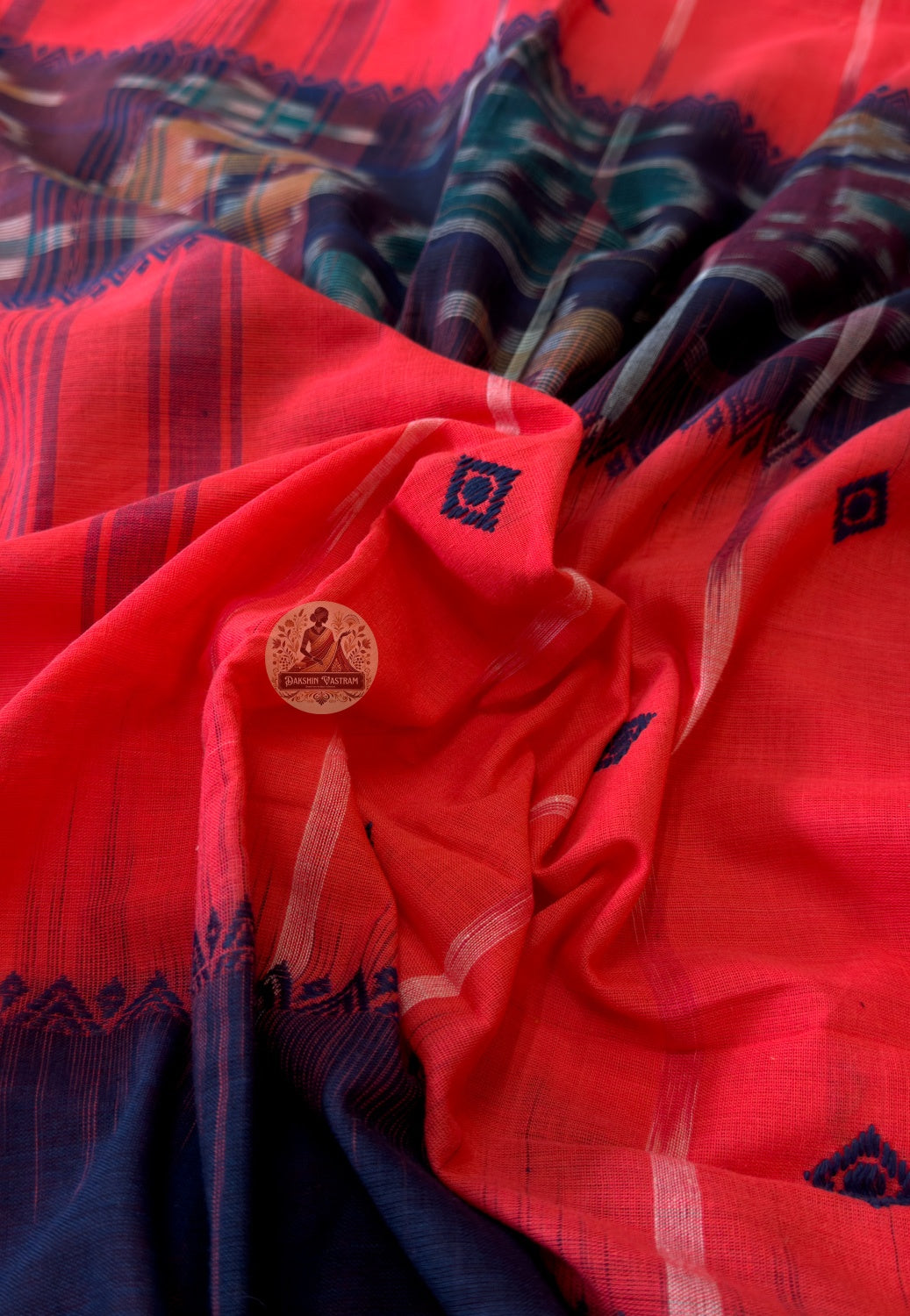 Rear view of pure cotton handloom saree highlighting the pallu and woven border, celebrating India's rich regional textile heritage