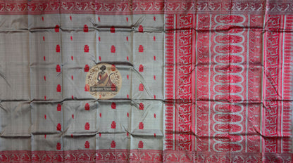 Bridal Baluchari silk saree in deep oxblood with woven Mahabharata figures and rich crimson gold temple border