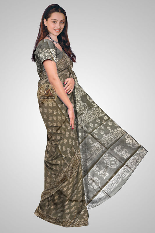 Shop Bishnupur Silk Saree online – Side view showing block print patterns