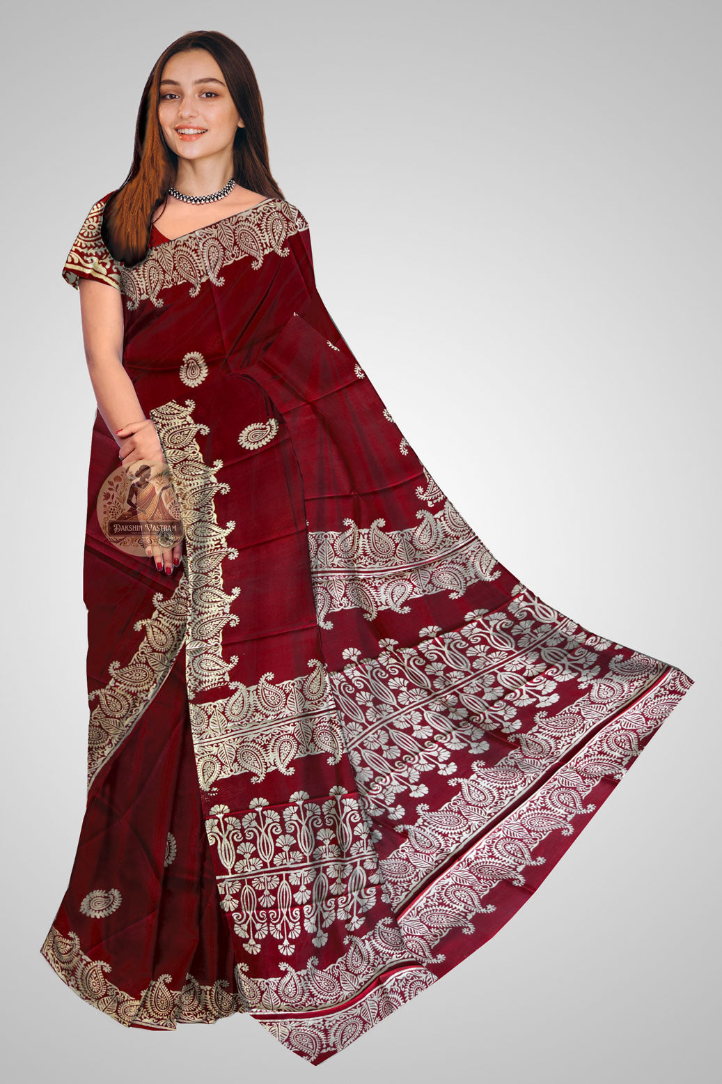 Buy Pure Bishnupur Silk Block Print Saree online – Front view of Mulberry silk saree