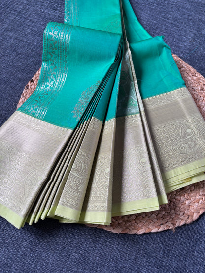 Semi Kanjivaram saree flat lay showing full length and blouse piece – luxury Indian saree gift UK
