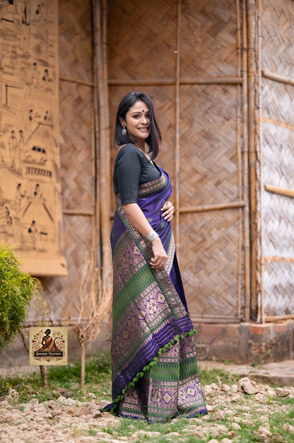 Assamese woman in traditional Mekhela Chador at Bihu celebration – handwoven silk delivered across UK