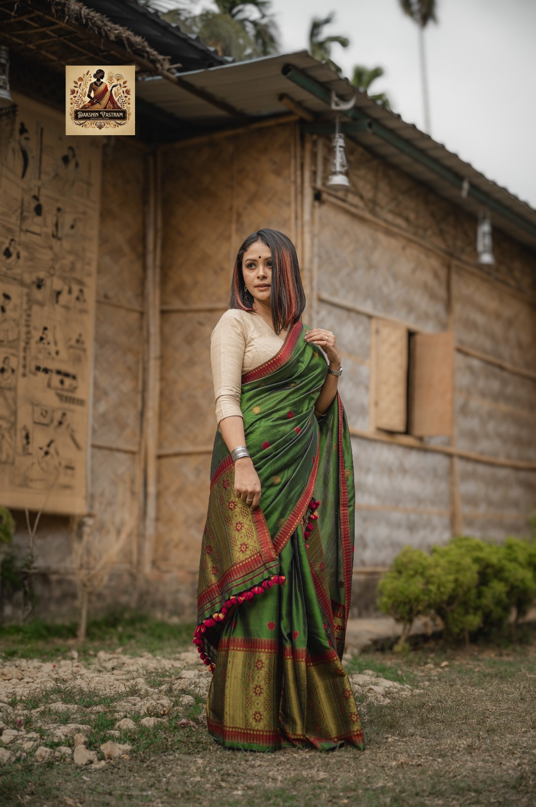 Assamese woman in Mekhela Chador performing Bihu dance – authentic silk festival dress delivered across UK
