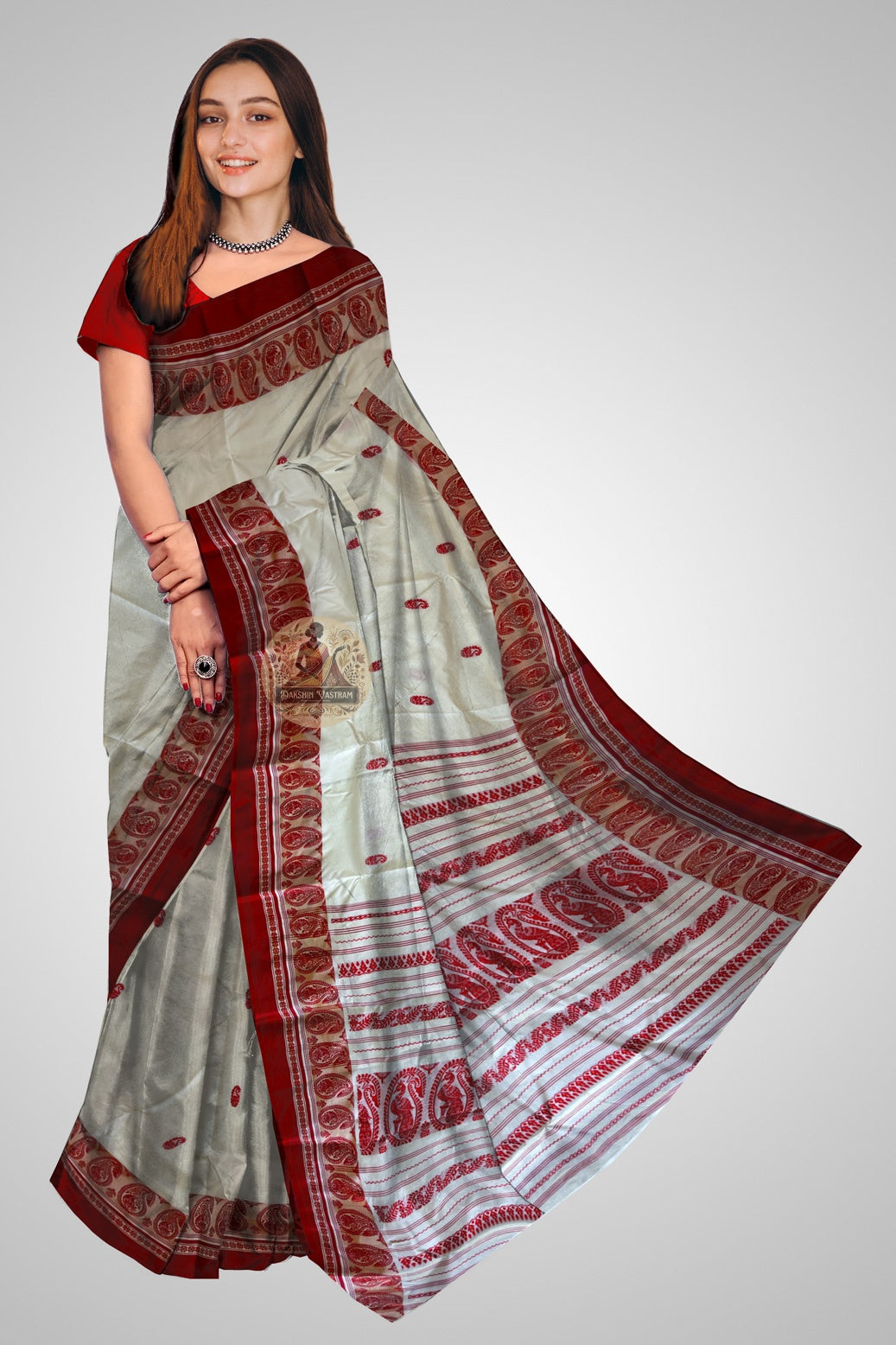 Bishnupur Garad silk saree front view – sacred ivory pure mulberry silk handwoven in Bengal, luminous drape for Durga Puja, Bengali weddings and auspicious occasions