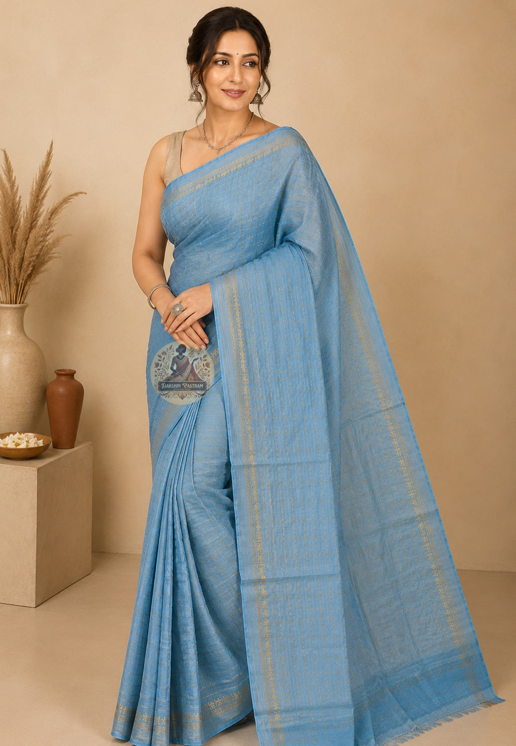 Front view of pure cotton zari saree without blouse piece, showcasing handloom weave and zari border for Durga Puja and festive occasions
