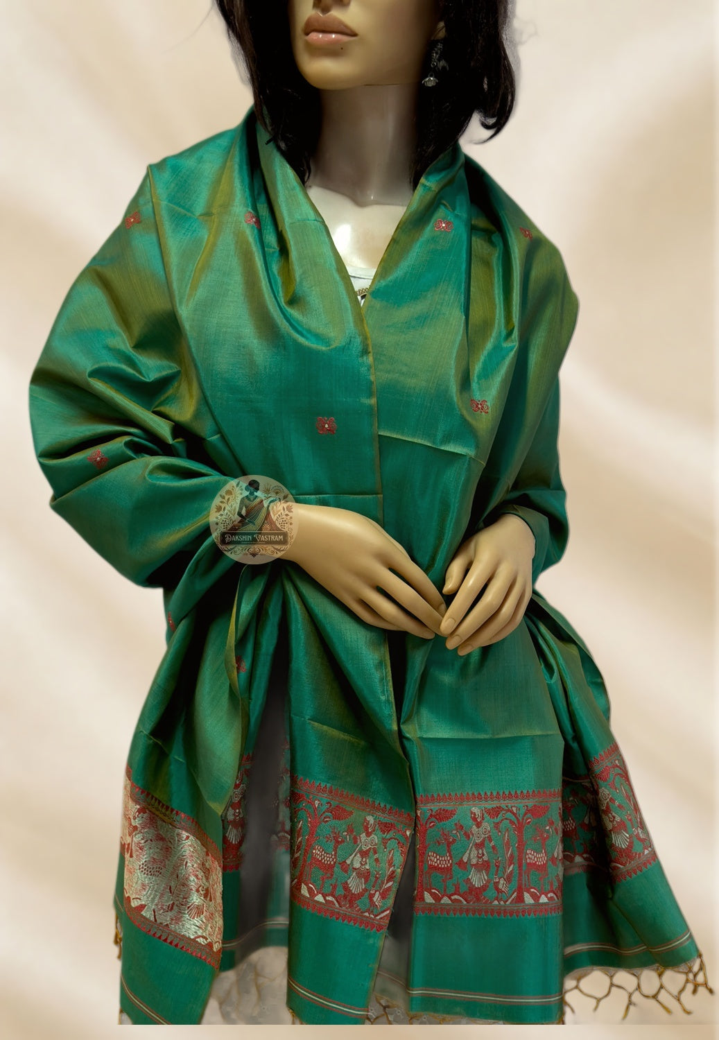 Baluchari silk stole draped over evening outfit – featherlight pure silk wrap for South Asian women in London and Southall
