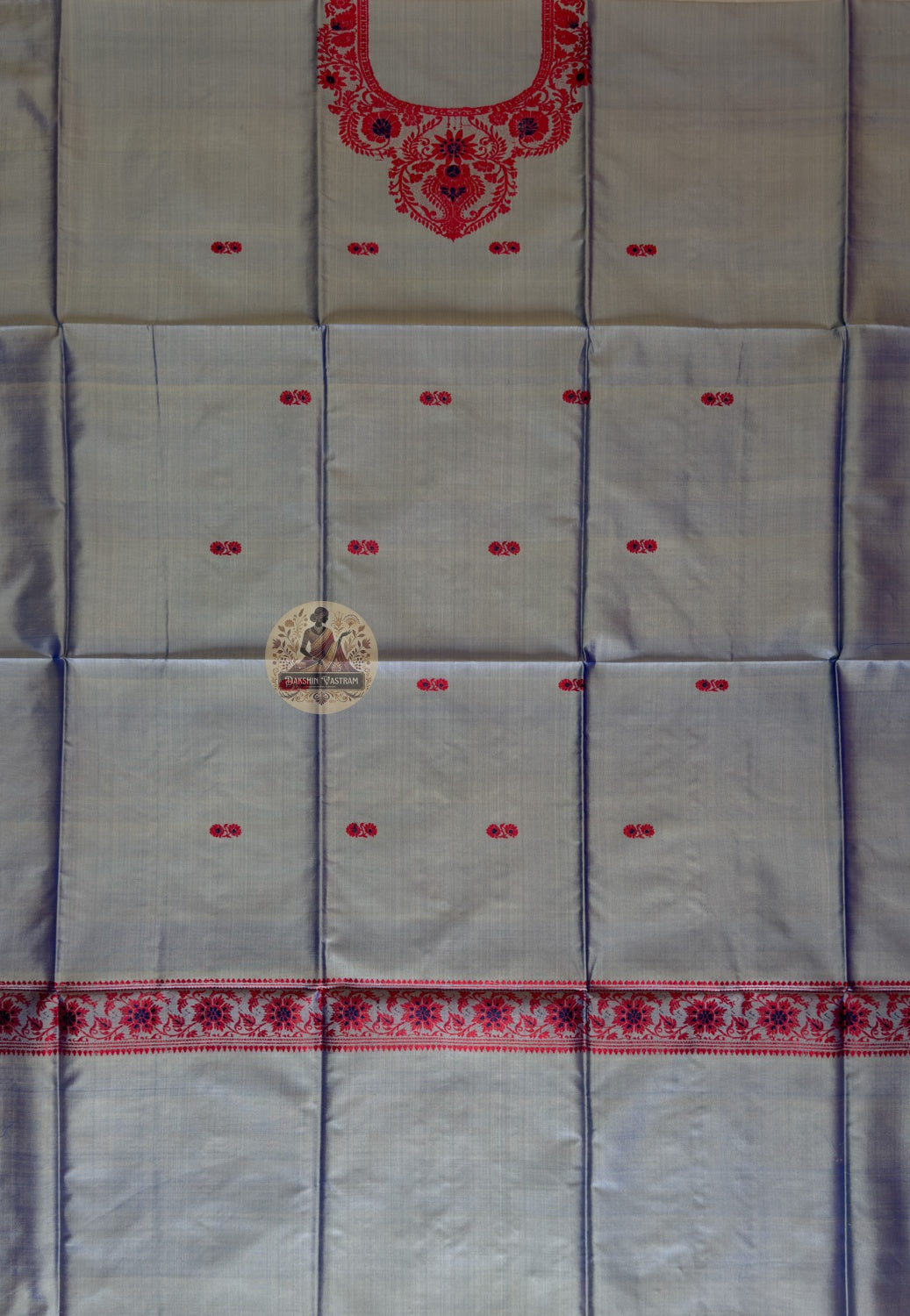 Flat lay of handloom Baluchari Mulberry silk kurti piece in Grey showing full fabric length and woven neckline panel – Dakshin Vastram