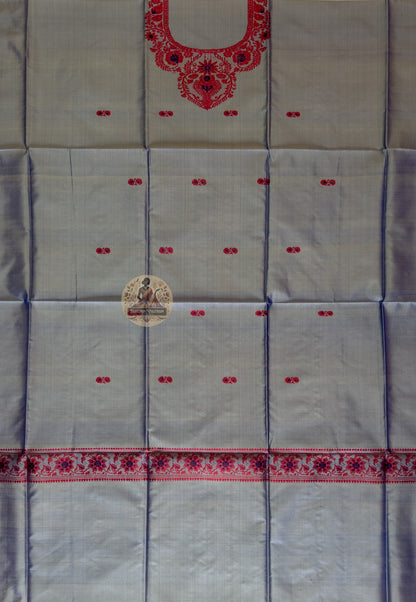 Flat lay of handloom Baluchari Mulberry silk kurti piece in Grey showing full fabric length and woven neckline panel – Dakshin Vastram