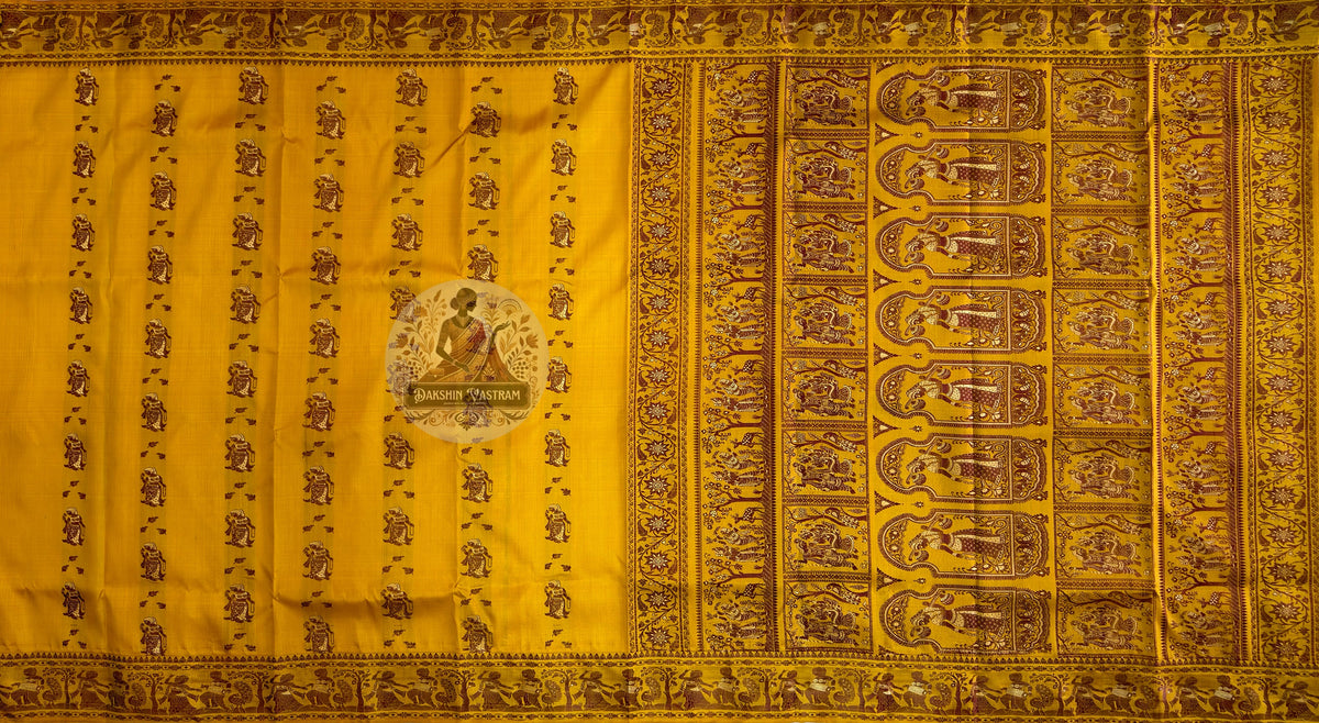 Close-up of the handwoven sacred narrative pallu of Baluchari Pure Silk Saree, showcasing intricate mythology scenes of gods and devotees woven directly into pure silk by Baluchari artisans of West Bengal