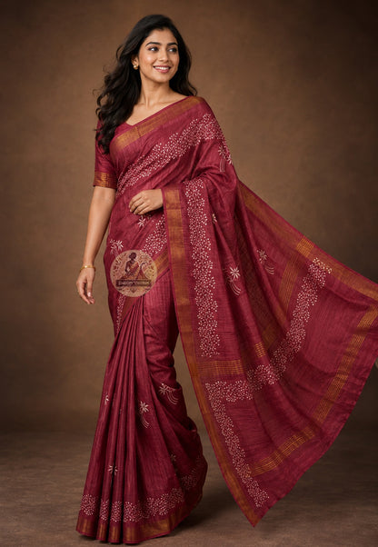Front view of Ghicha Tussar Silk Saree in natural earthy tone, handwoven with traditional slub texture, draped in classic Nivi style — perfect for Durga Puja and festive occasions