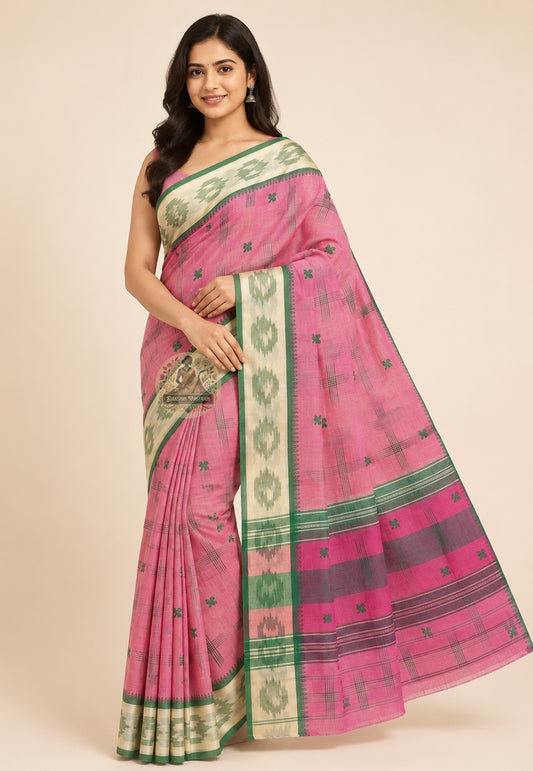 Front view of pure cotton handloom saree without blouse piece, perfect for college functions, Saraswati Puja and festive occasions for young Indian women