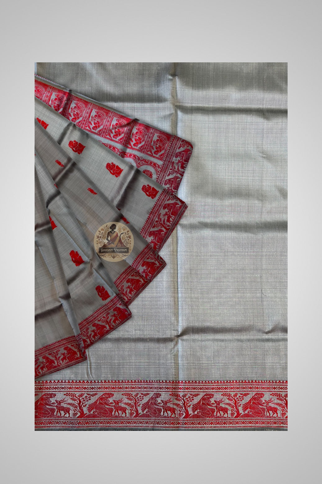 Heritage Baluchari saree in muted sage with intricate Mughal-era storytelling panels and antique gold zari border