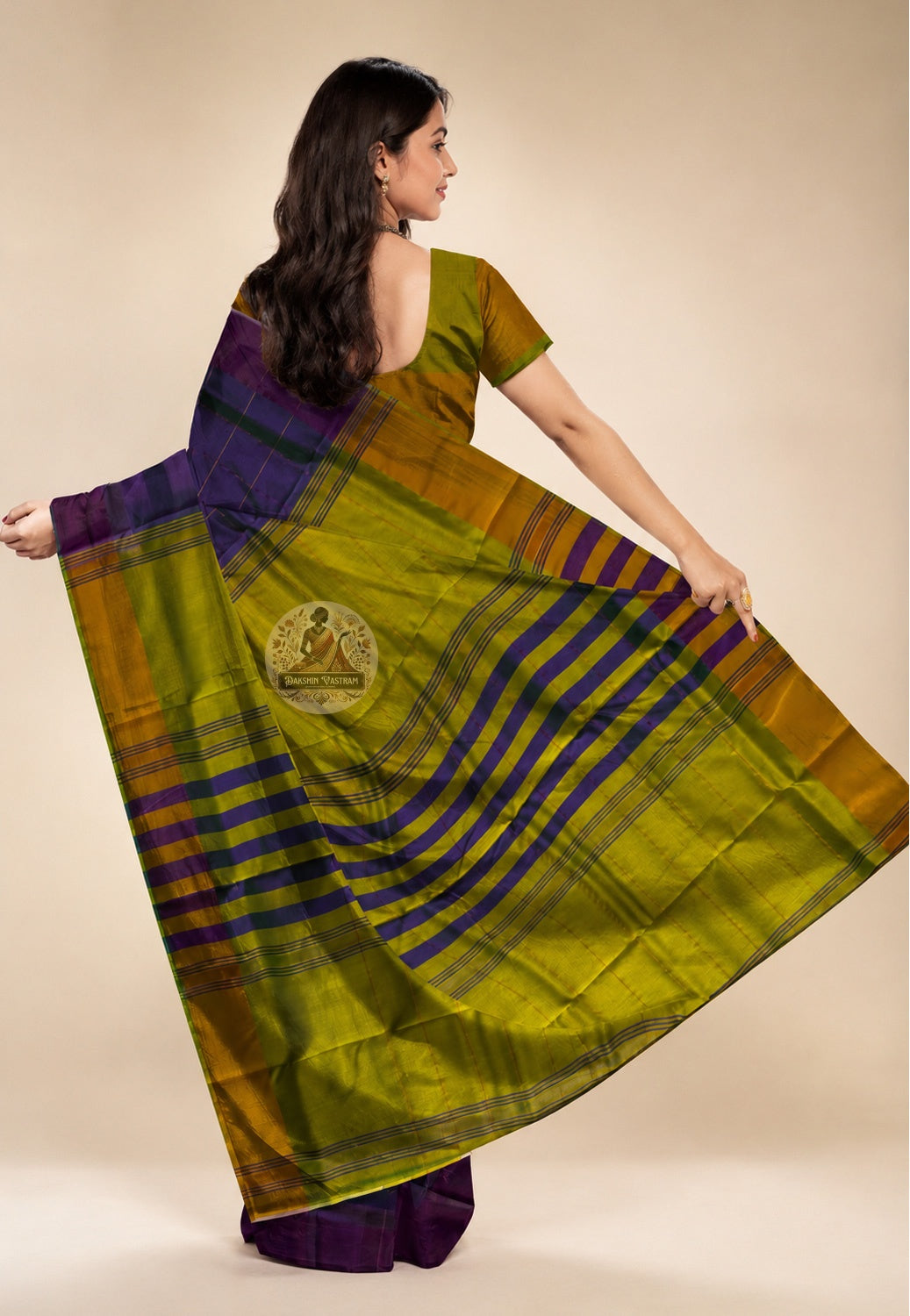 Rear view of handwoven Bishnupur Katan Silk Saree displaying the richly woven pallu with permanent Bengal terracotta temple and folk motifs woven in pure silk