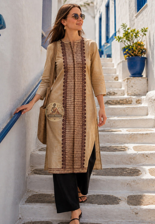 Front view of Baluchari Silk Kurti Piece with hand block print floral medallion repeat and temple arch border West Bengal