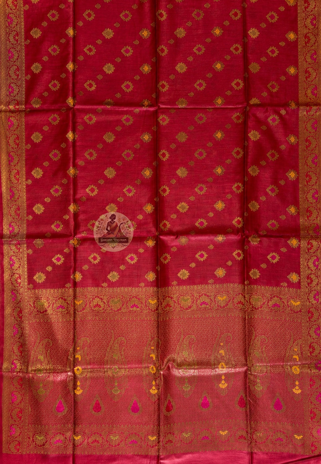 Close-up of Banarasi pallu on Muga Tussar Saree with intricate handwoven zari butis, jaal pattern and floral border in gold thread