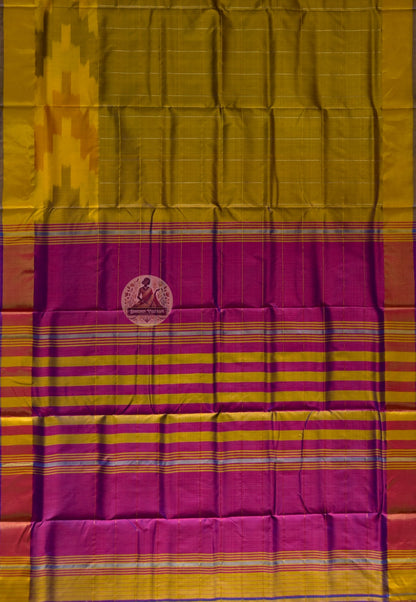 Full flat-lay of Bishnupur Pure Katan Silk Saree displaying the complete handloom weave, woven border and richly patterned pallu — handwoven where tradition meets grace in Bishnupur, West Bengal