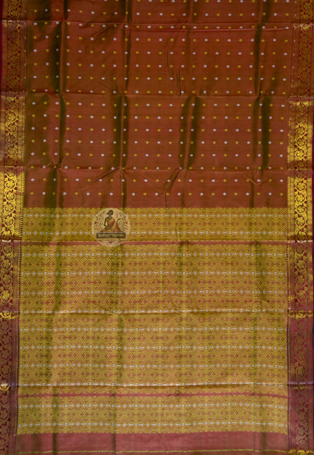 Full view of Bishnupuri pure katan silk saree in complete drape – wear your roots, carry your culture, dazzle the world in Bengal handloom for Diwali, weddings and galas worldwide
