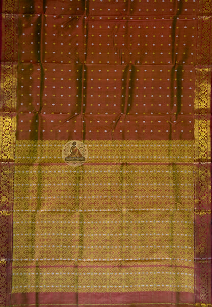 Full view of Bishnupuri pure katan silk saree in complete drape – wear your roots, carry your culture, dazzle the world in Bengal handloom for Diwali, weddings and galas worldwide