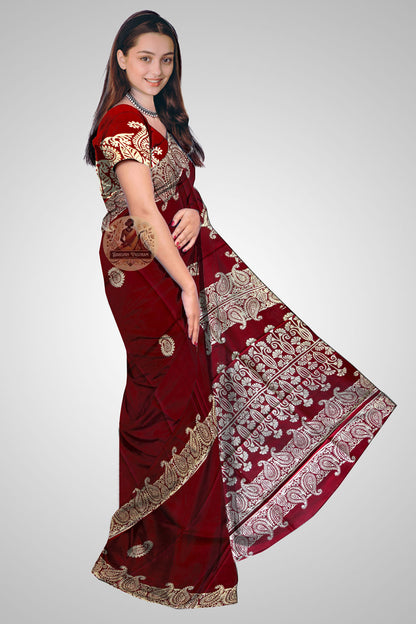 Shop Bishnupur Silk Saree online – Side view showing block print design