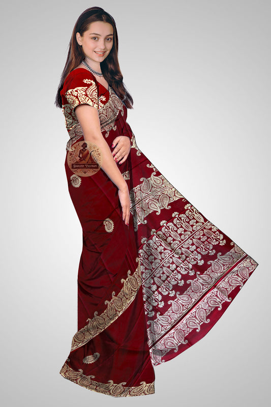 Shop Bishnupur Silk Saree online – Side view showing block print design
