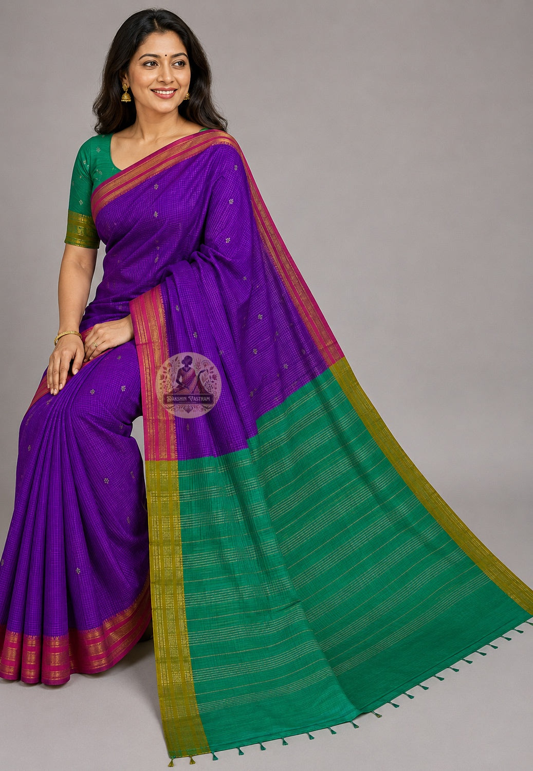 Side view of Bishnupuri pure katan silk saree – composed silhouette and structured pleats in handwoven Bengal katan silk, premium ethnic occasion wear by Dakshin Vastram