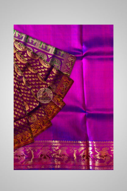 Handwoven Swarnachari Silk Saree with elaborate mythological pallu in gold – available in Pune and Gurgaon