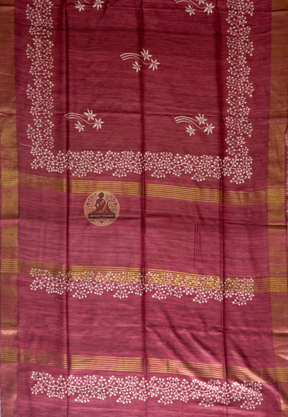 Full view of handwoven Ghicha Tussar Silk Saree by Dakshin Vastram — pure Tussar silk, earthy tones, lightweight drape for Diwali, Navratri, and Indian weddings