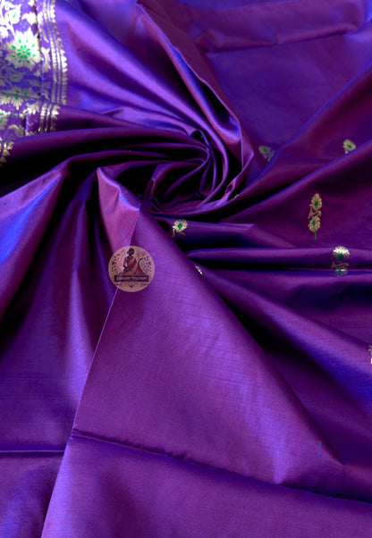 Indian woman wearing a Violet Baluchari Silk kurti stitched from handloom Mulberry silk fabric – festive ethnic wear by Dakshin Vastram