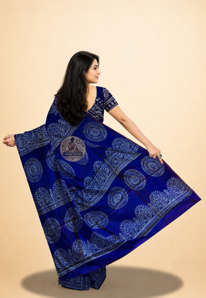 Bishnupur Pure Katan Silk Saree rear view – full drape revealing deep saturated colour and structured fluid Katan silk weave, a rite of passage in Bengal heritage