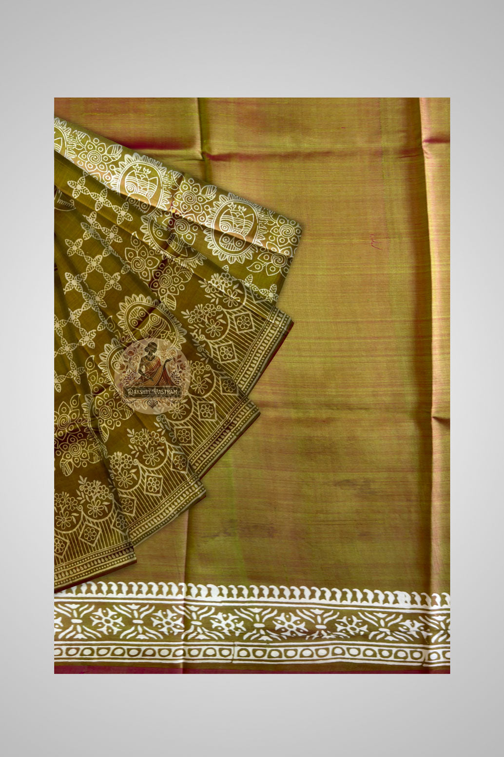Bishnupur block print saree pallu detail – intricate hand-carved wooden block motifs on lustrous silk, rooted in Bengal's terracotta temple heritage