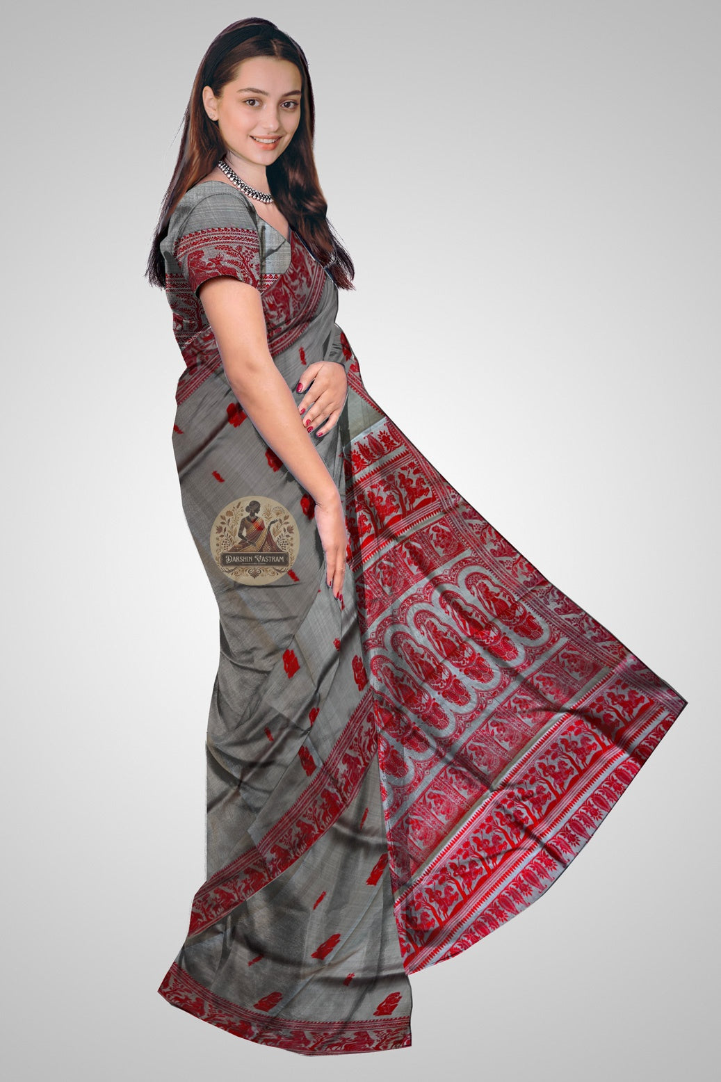 Authentic Bishnupur Baluchari saree in warm coral with hand-woven mythological narrative and uncut zari border