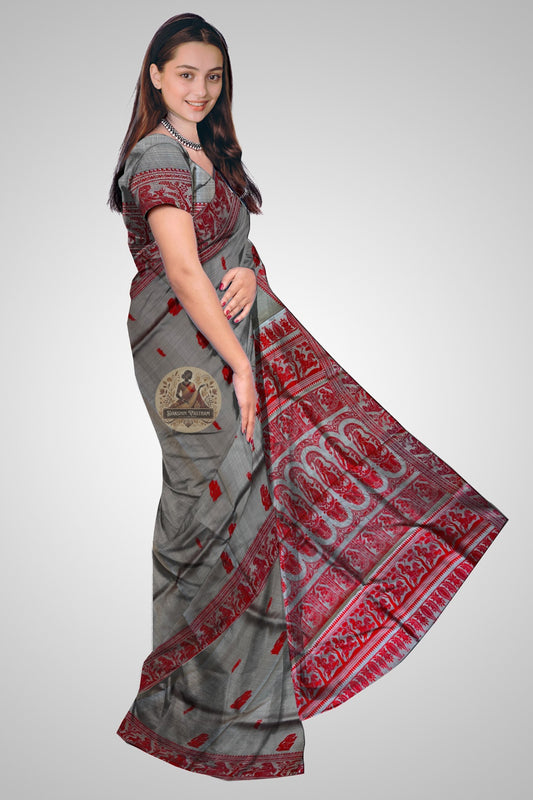 Authentic Bishnupur Baluchari saree in warm coral with hand-woven mythological narrative and uncut zari border