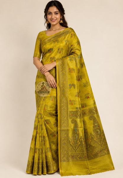 Front view of Banarasi Muga Tussar Saree in natural golden silk with Banarasi zari border, draped elegantly for wedding and festive wear