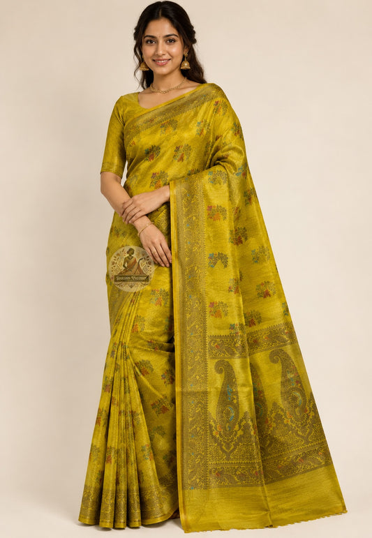 Front view of Banarasi Muga Tussar Saree in natural golden silk with Banarasi zari border, draped elegantly for wedding and festive wear