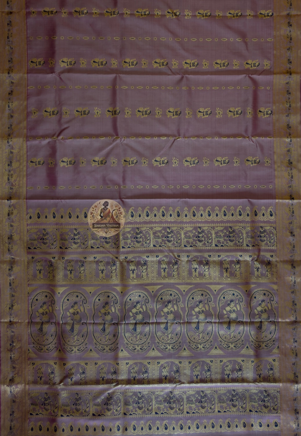 Overhead flat lay of Bengal Baluchari pure silk saree showing full narrative pallu weave