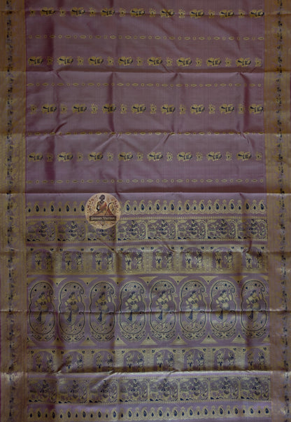 Overhead flat lay of Bengal Baluchari pure silk saree showing full narrative pallu weave