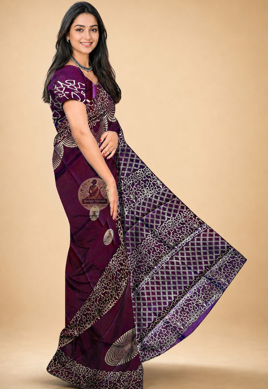 Bishnupur hand block print saree front view – traditional Bengal folk motifs stamped on lustrous pure silk fabric