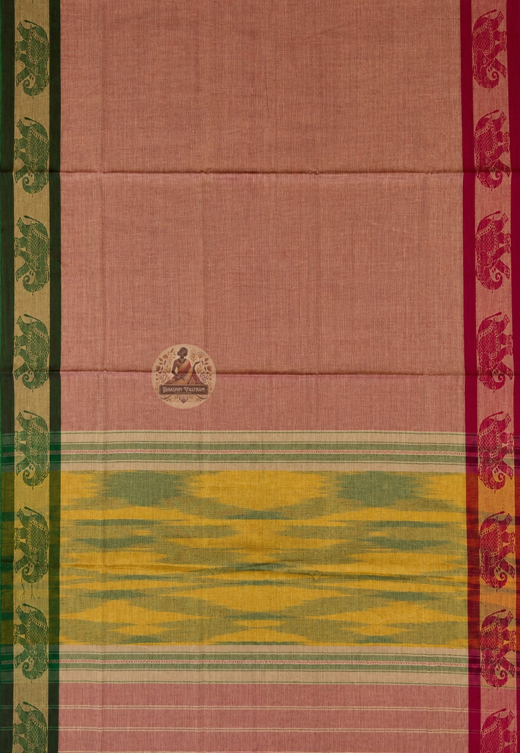 Rear view of traditional handloom cotton saree highlighting pallu design and fine woven texture
