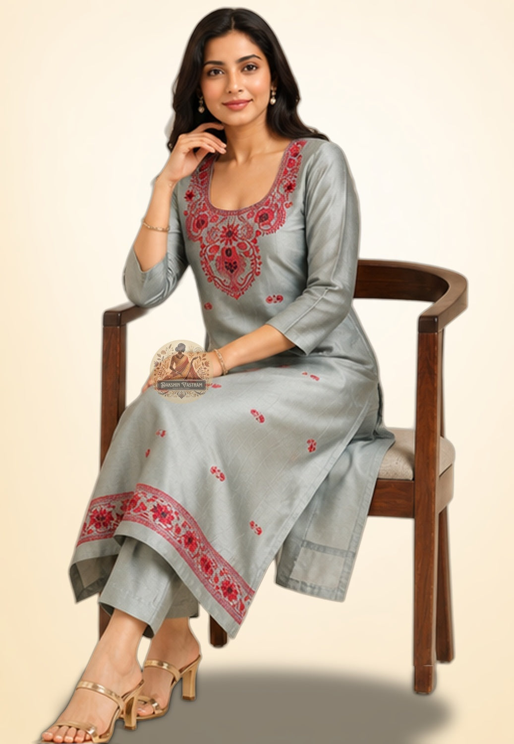 Unstitched Baluchari silk kurti fabric in luminous Silver with heritage woven border – ships to London Birmingham Leicester Manchester Bradford