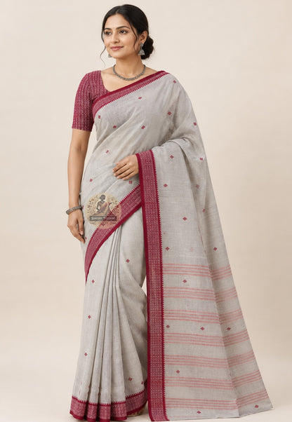 Front view of pure cotton handloom saree without blouse piece, a timeless wardrobe essential for Durga Puja and festive occasions across India