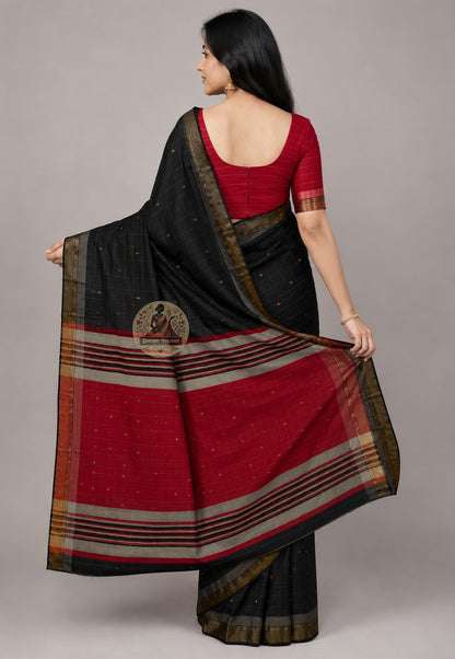 Rear view of Bishnupuri handwoven katan silk saree – intricate woven border and lustrous silk finish, heritage weave from Bishnupur, West Bengal