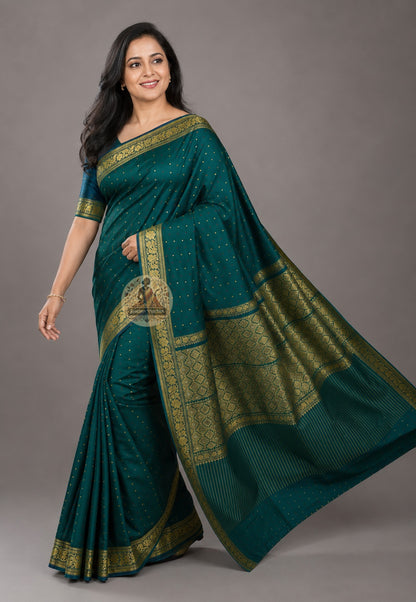Side view of Bishnupuri pure katan silk saree – silk that converses with the body, graceful silhouette in handwoven Bengal katan, premium ethnic wear by Dakshin Vastram