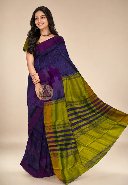 Front view of Bishnupur Pure Katan Silk Saree draped on model, showcasing handwoven Bengal heritage motifs and the deep, enduring sheen of pure mulberry silk