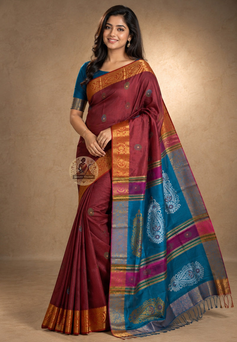 Front view of Bishnupur Silk Kolakhetra Saree draped on model, showcasing the sacred geometric Kolakhetra weave pattern in pure handwoven Bengal silk
