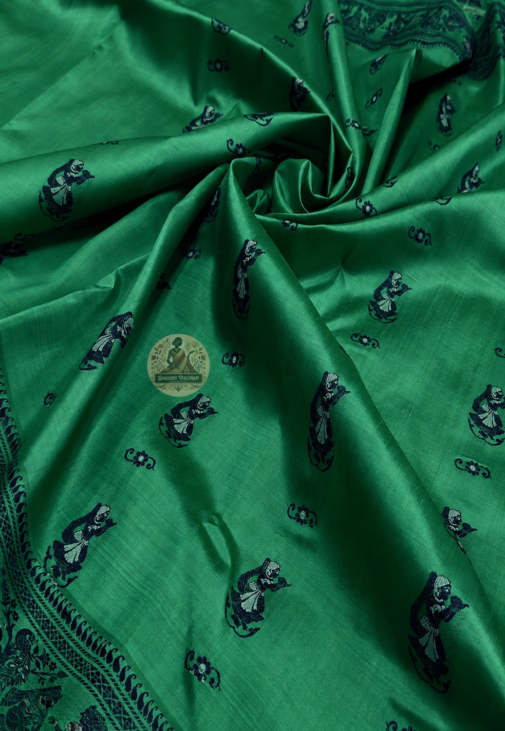 Rear view of Baluchari Pure Silk Saree displaying the richly handwoven narrative pallu with mythology scenes from Indian epics and Nawabi court life woven directly into pure Bengal silk