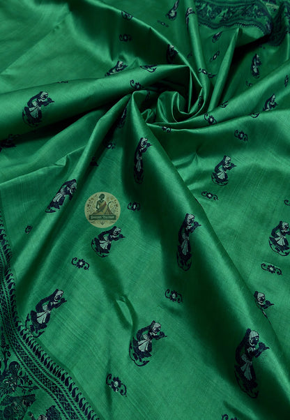 Rear view of Baluchari Pure Silk Saree displaying the richly handwoven narrative pallu with mythology scenes from Indian epics and Nawabi court life woven directly into pure Bengal silk
