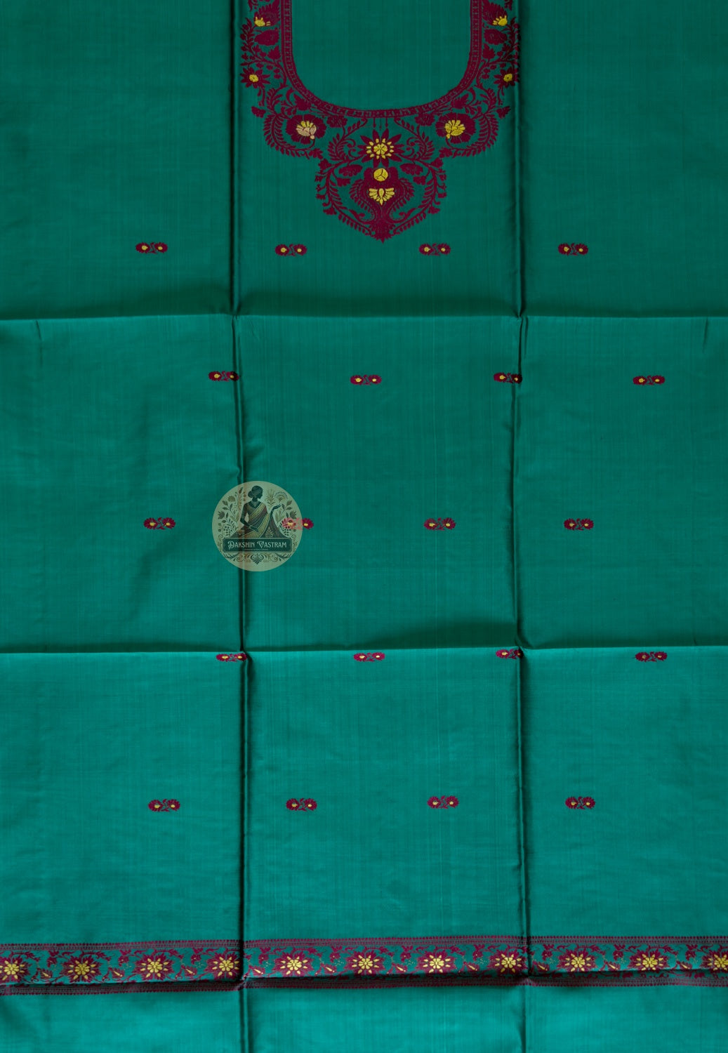 Flat lay of handloom Baluchari Mulberry silk kurti piece showing full fabric length and woven neckline panel – Dakshin Vastram
